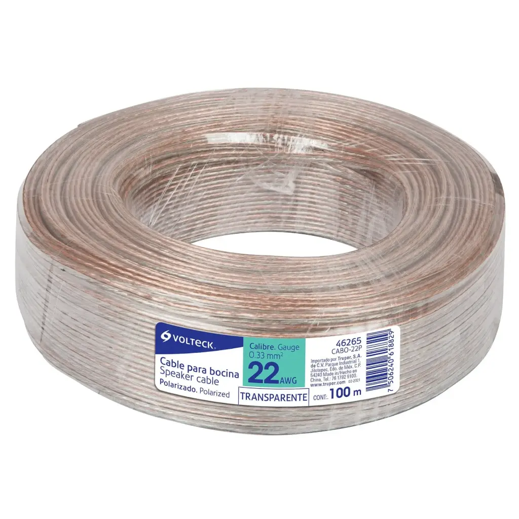 CABLE DUPLEX POLARIZADO TRANSPARENTE PARA BOCINA 22AWG VOLTECK ROLLO 46265