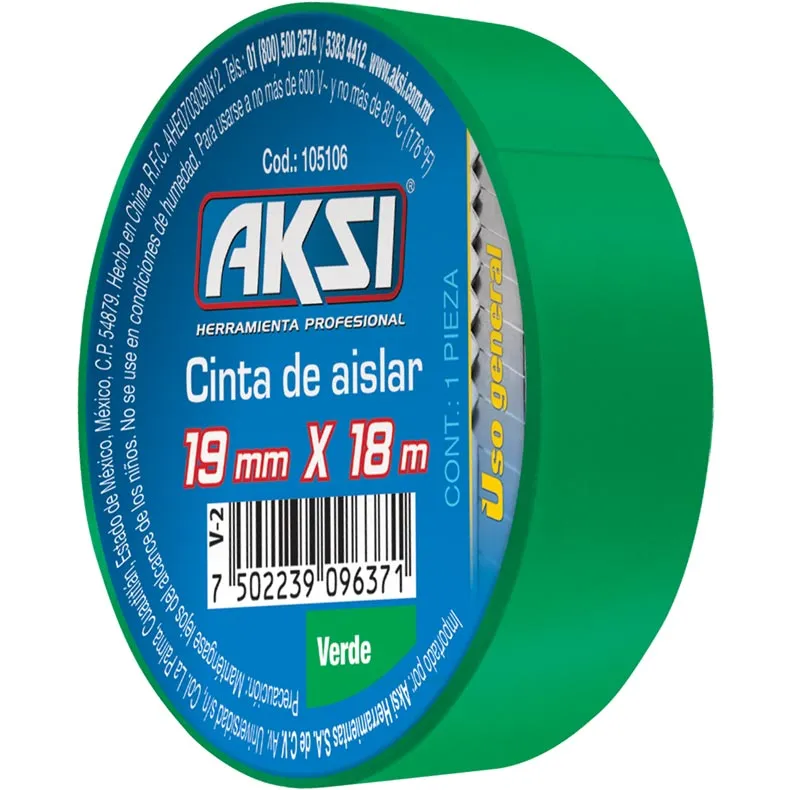 CINTA DE AISLAR VERDE 19mm x 18m, AKSI 105106